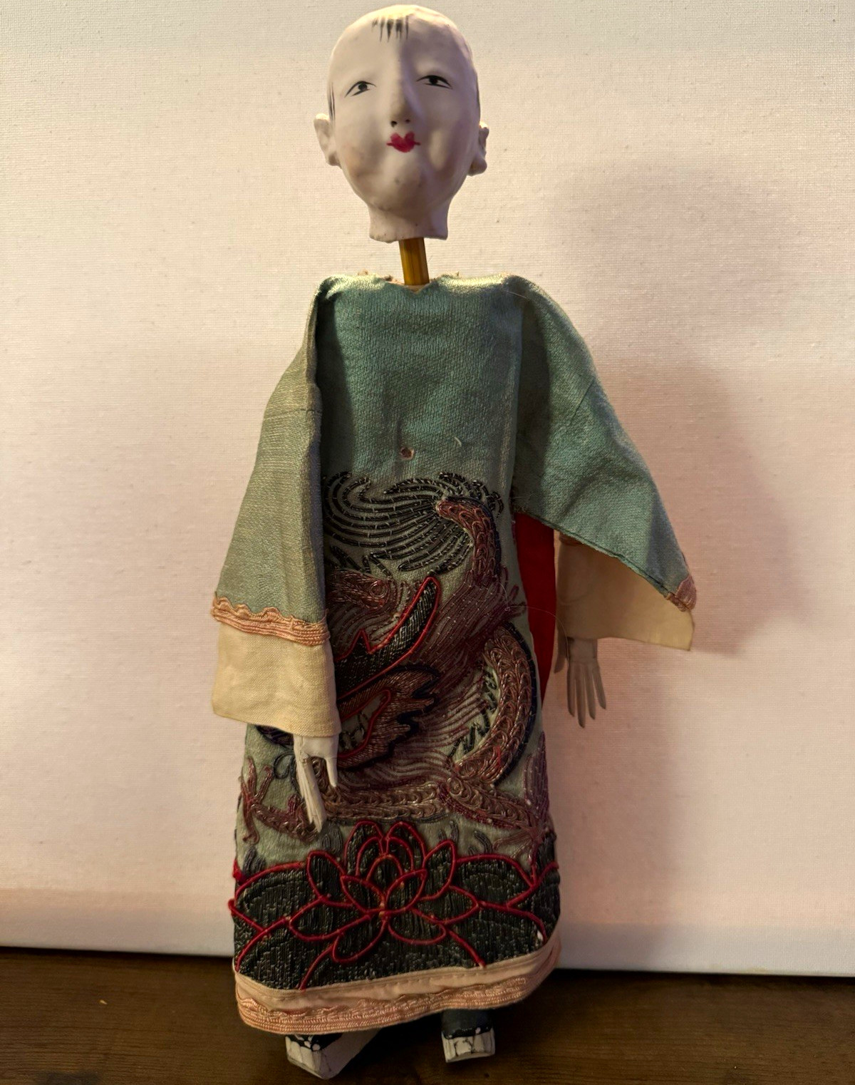 Antique Chinese Opera doll Embroidered Dragon Robe Wooden Feet