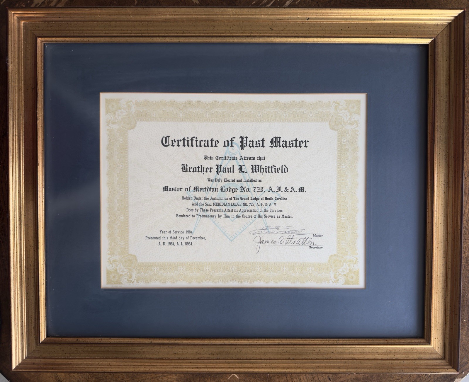 1984 Masonic Past Master Certificate Framed Lodge 728 A.F.&A.M.