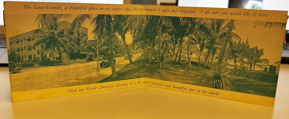 1937 CASA-GRANDE HOTEL MIAMI BEACH FL PANORAMIC FOLDING POSTCARD to Liberty NY 1937 CASA-GRANDE HOTEL MIAMI BEACH FL PANORAMIC FOLDING POSTCARD to Liberty NY