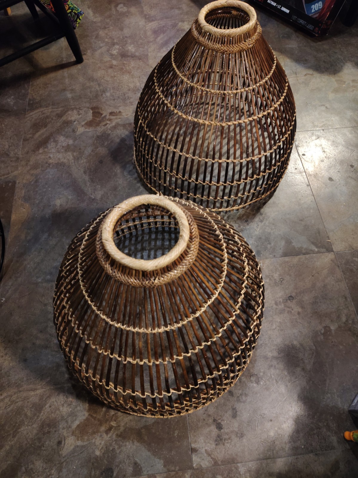 2 Large Bamboo Fish Trap Style Wicker Woven Rustic Bohemian Pendant Lamp Shades.