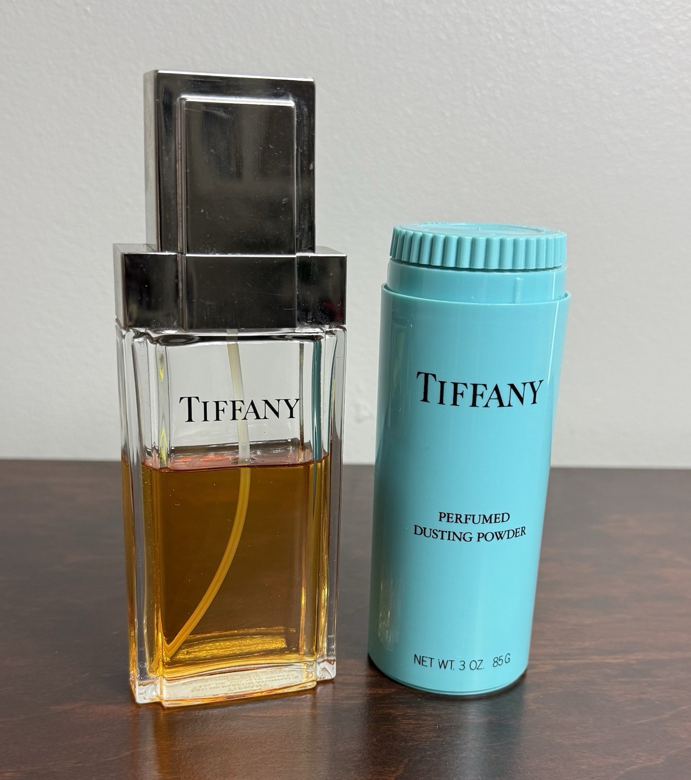 Vtg Tiffany & Co. Perfume Bottle Atomiseur 3.4 FL OZ & Blue Powder Shaker 3 OZ