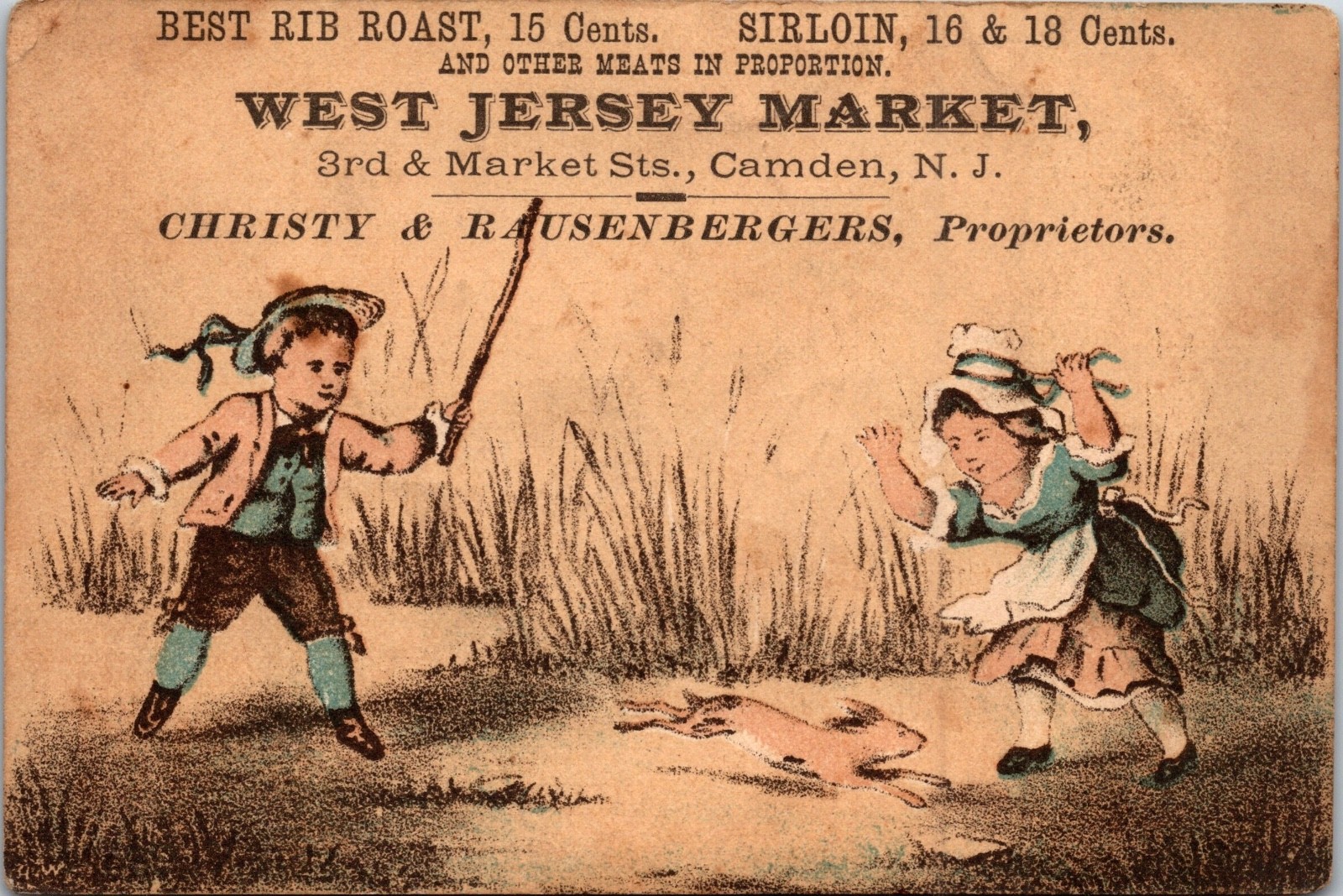 Vintage Boy, Girl, Rabbit Jersey Market Grocers Victorian Trade Card Camden N.J