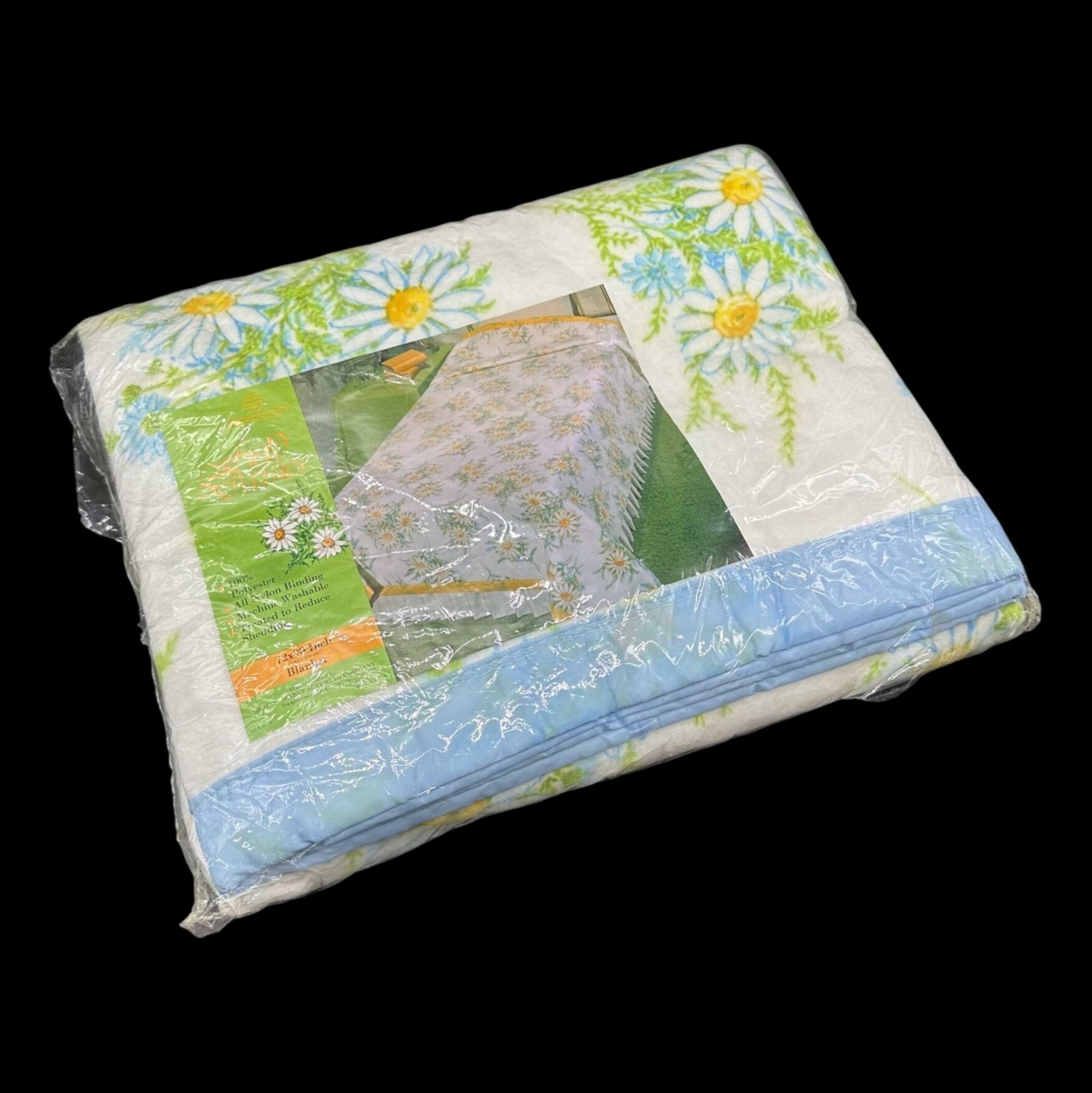 Vintage Full Sized Blanket Satin Style Trim Daisy Flowers Beacon USA Blue 1970s Vintage Full Sized Blanket Satin Style Trim Daisy Flowers Beacon USA Blue 1970s