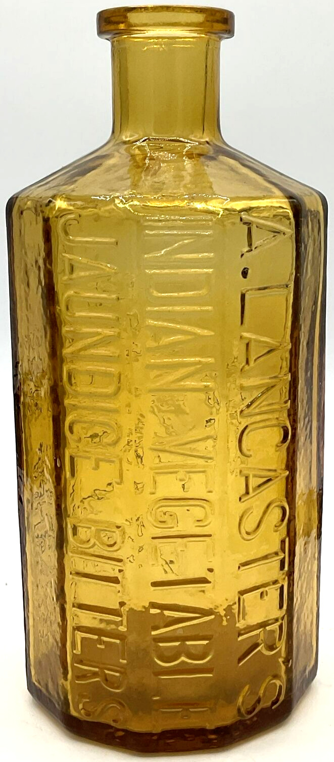 8” A. Lancaster Indian Vegetable Jaundice Bitters 1852 Repro Yellow Glass Bottle