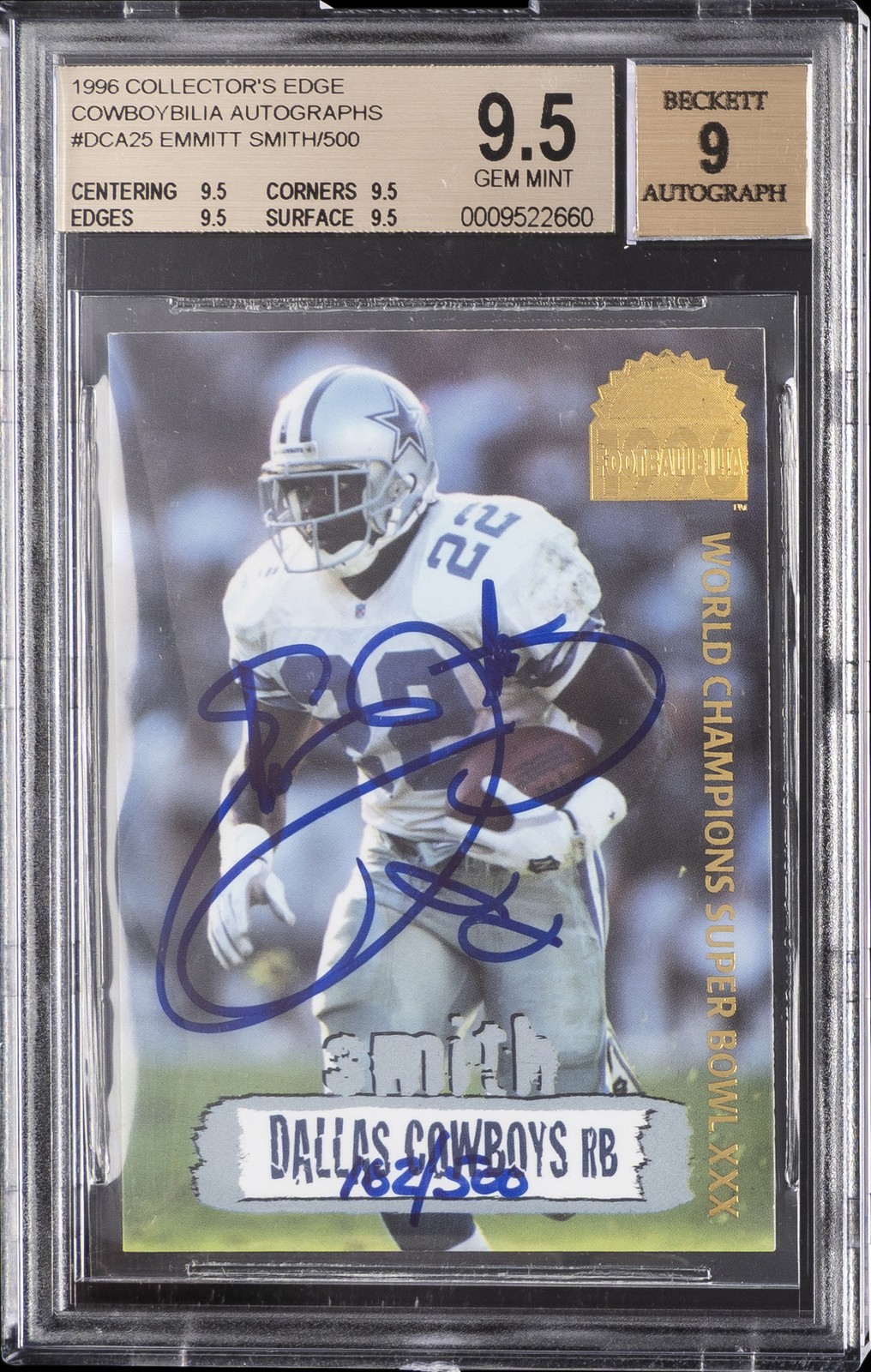 1996 COLLECTOR'S EDGE COWBOYBILIA AUTOS #DCA25 EMMITT SMITH BGS 9.5