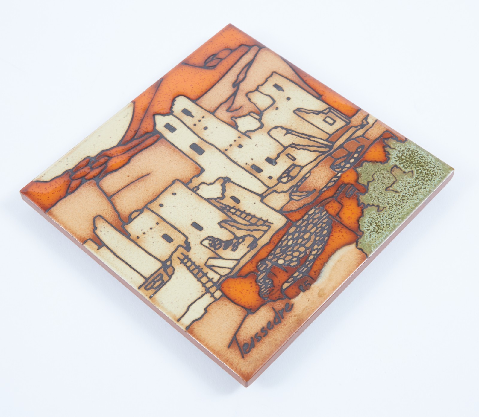VTG Cleo TEISSEDRE Southwestern ART Ceramic Pueblo Design Wall Tile or Trivet 4\