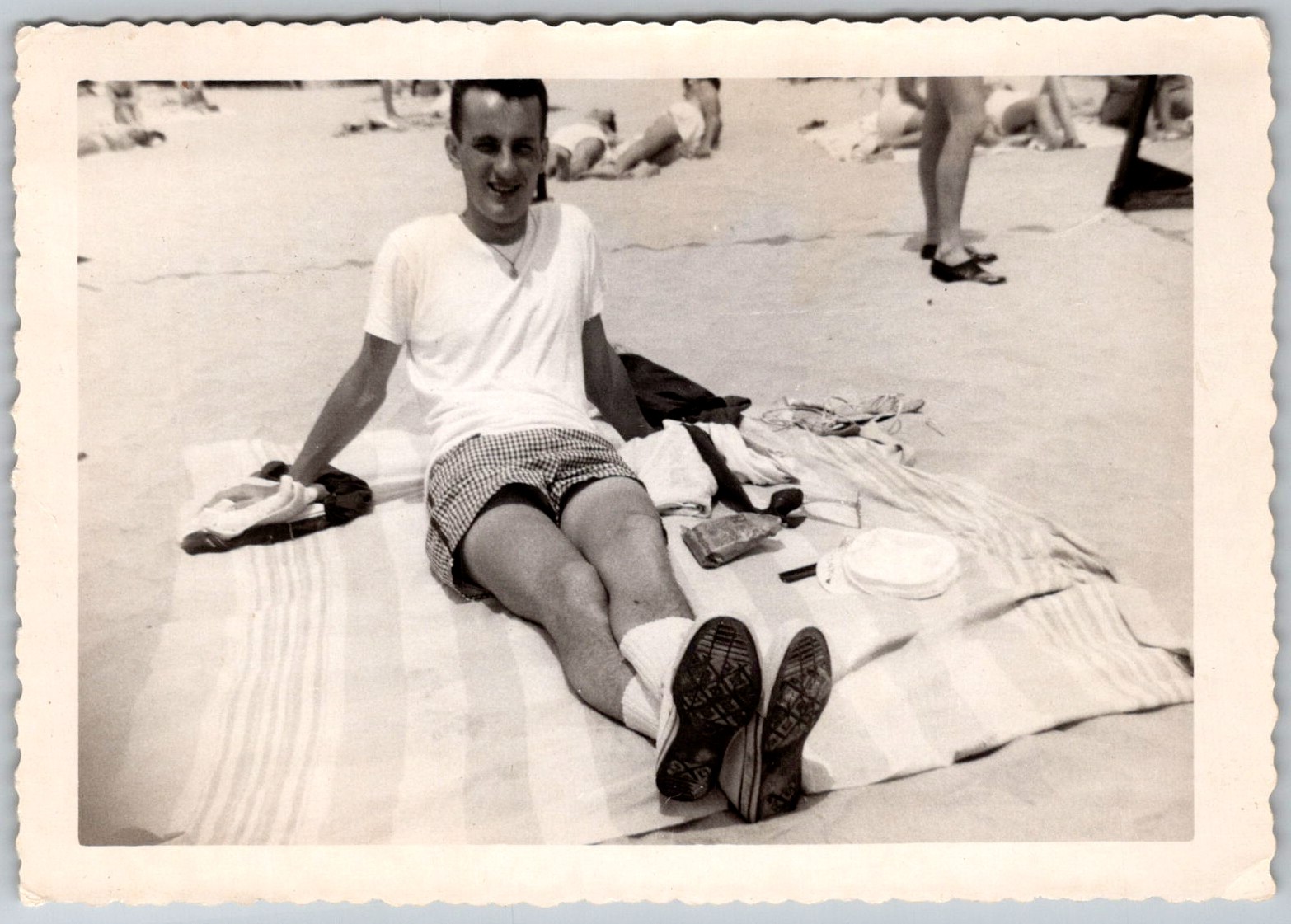 Vtg B&W Snapshot Handsome Young Man Beach Blanket Swim Shorts Sneakers 1950s Vtg B&W Snapshot Handsome Young Man Beach Blanket Swim Shorts Sneakers 1950s