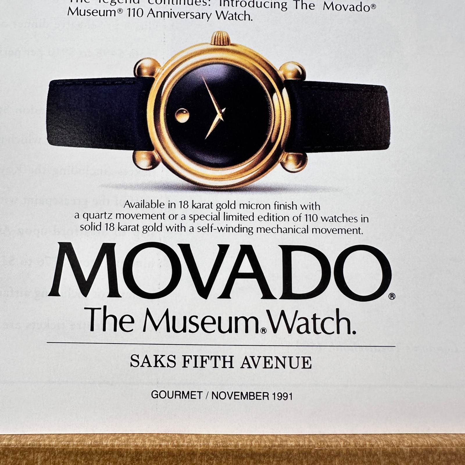 1991 Movado The Museum Watch Timepiece Vintage Print Ad Jewelry Advert Art