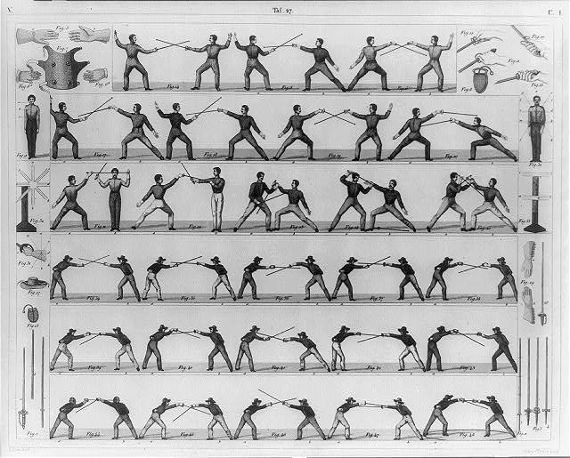 Photo:Fencing 1900s Training Positions Thrust Swordsmen Equipment Diagram
