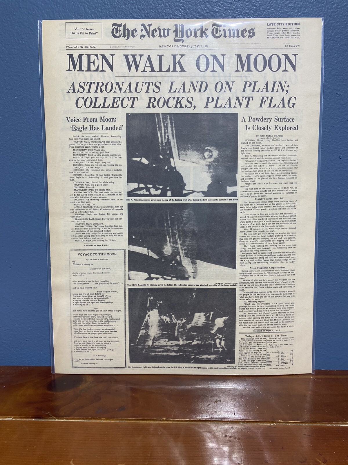 VINTAGE NEWSPAPER HEADLINE ~ MAN WALKS ON THE MOON NASA USA NEIL ARMSTRONG 1969