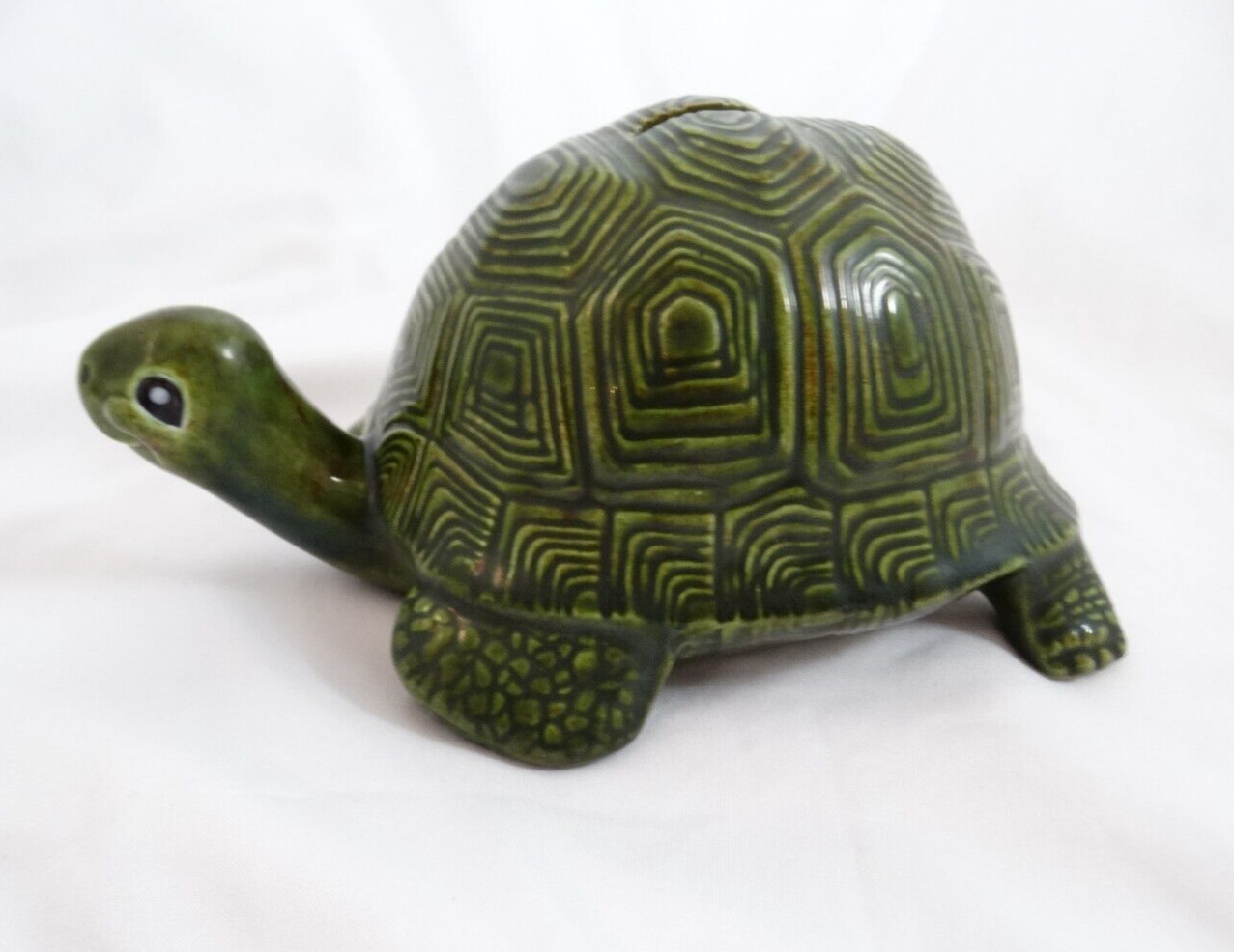 Vintage Smiling Turtle Figurine Green Ceramic Pottery Hand Painted Coin Bank