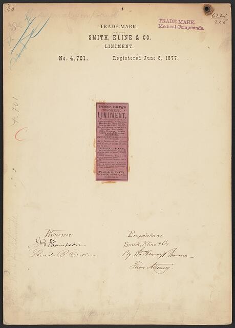 Photo:Smith Kline & Co Low Magnetic Liniment Trademark Registration 1877