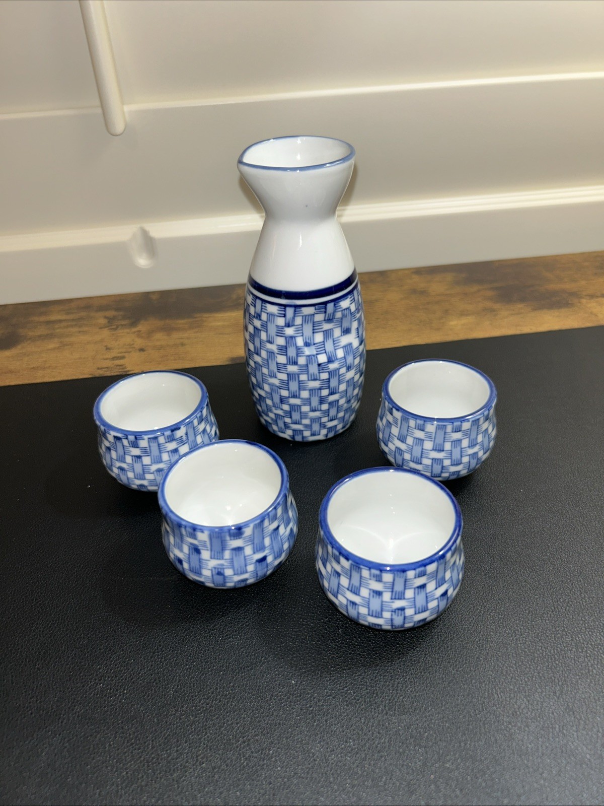 Japanese Style 5-Piece Glazed Ceramic Sake Set Traditional Blue Woven Design Japanese Style 5-Piece Glazed Ceramic Sake Set Traditional Blue Woven Design