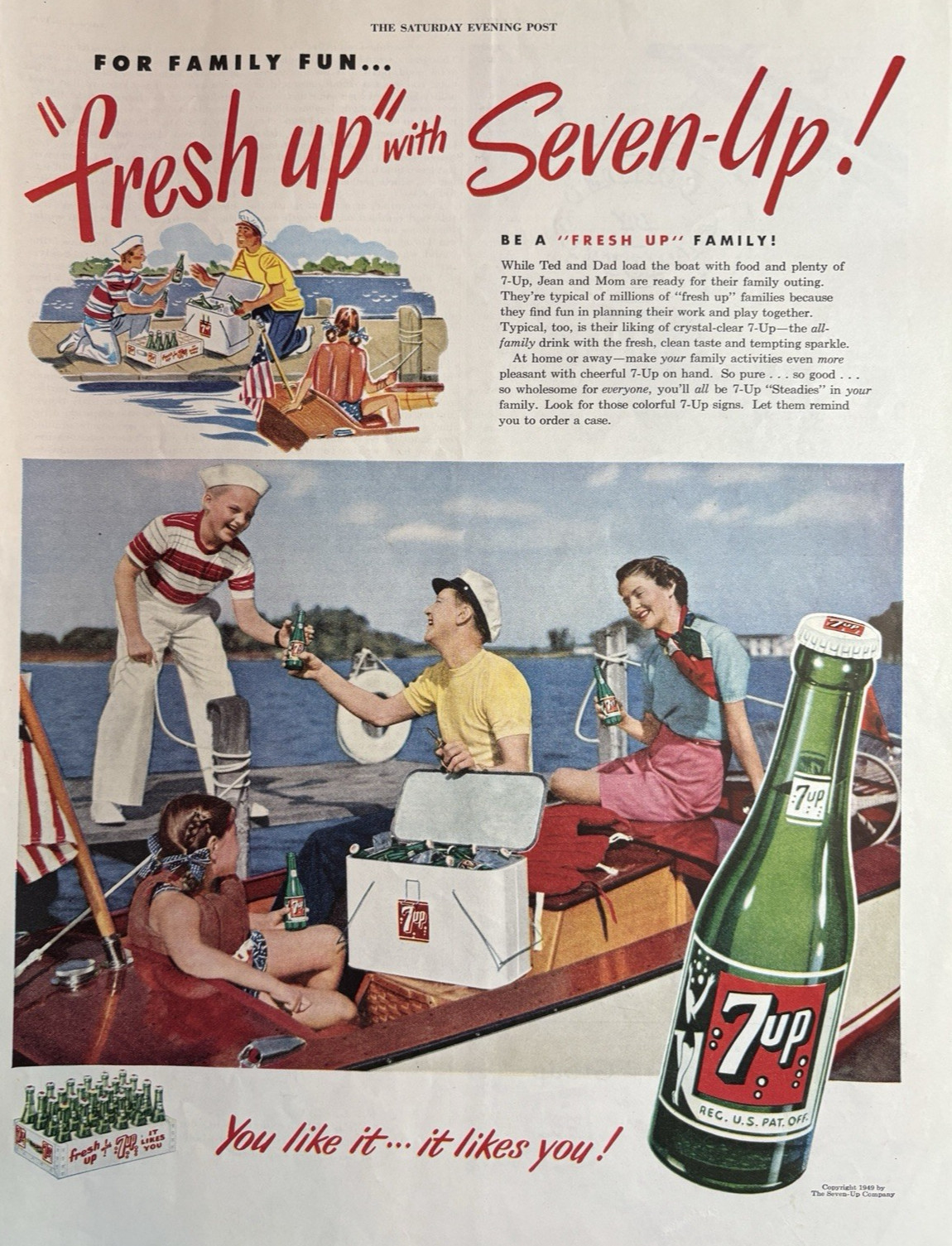 1949 Seven Up soda Family fresh Up You Like It Bottles Bot Cooler VTG Print Ad