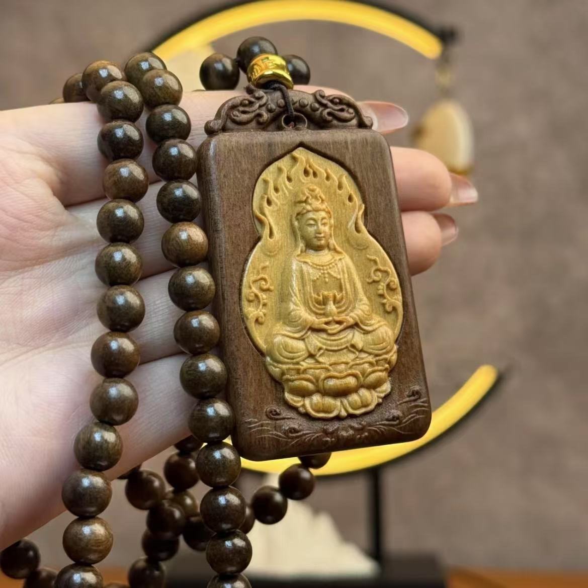 8mm 108 Beads Wooden Guanyin Buddha Pendant Blessing Lucky Necklace Prayer Beads
