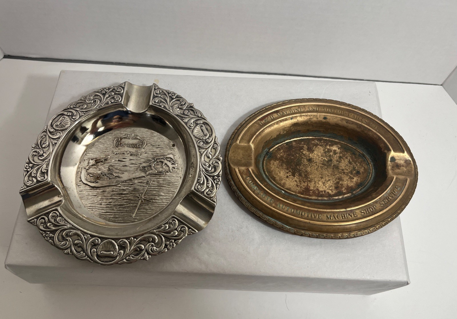 2 Vintage Metal Ashtrays Souvenir Bermuda/ H &H Machine & Motor Parts Adv 