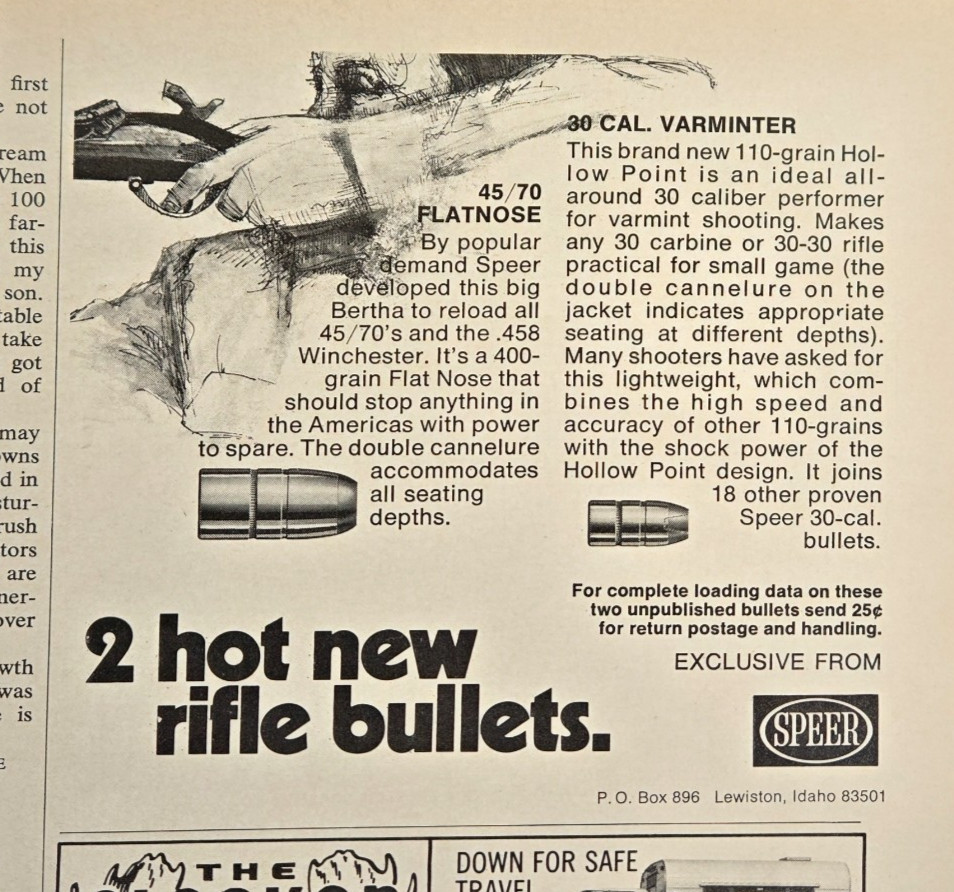 1973 Vintage Speer Bullets Print Ad Original 45/70 Flatnose 30 Cal Varminter Art 1973 Vintage Speer Bullets Print Ad Original 45/70 Flatnose 30 Cal Varminter Art