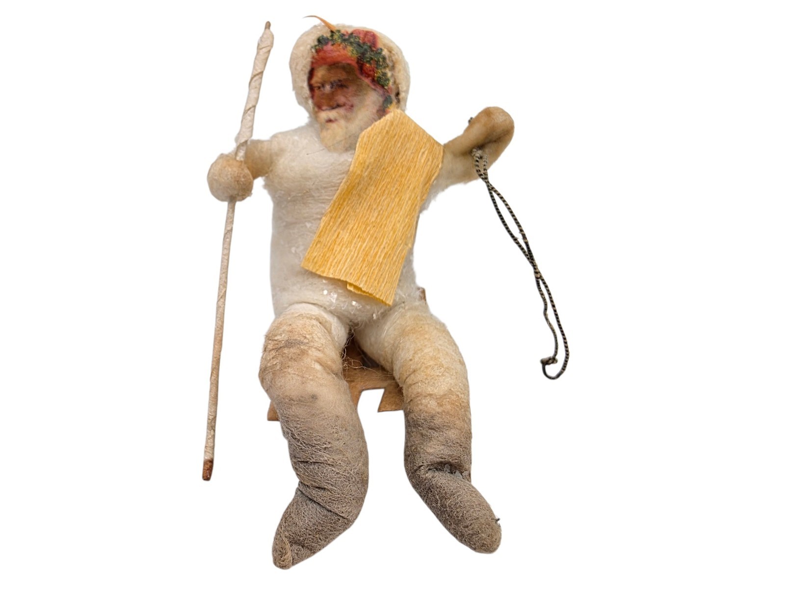 Antique Early German Spun Cotton Crepe Santa Claus On Sled Christmas Ornament 4