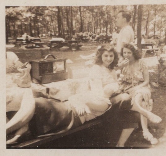 Two Pretty Women Picnic Table Park People Trees Summer Gathering 1947