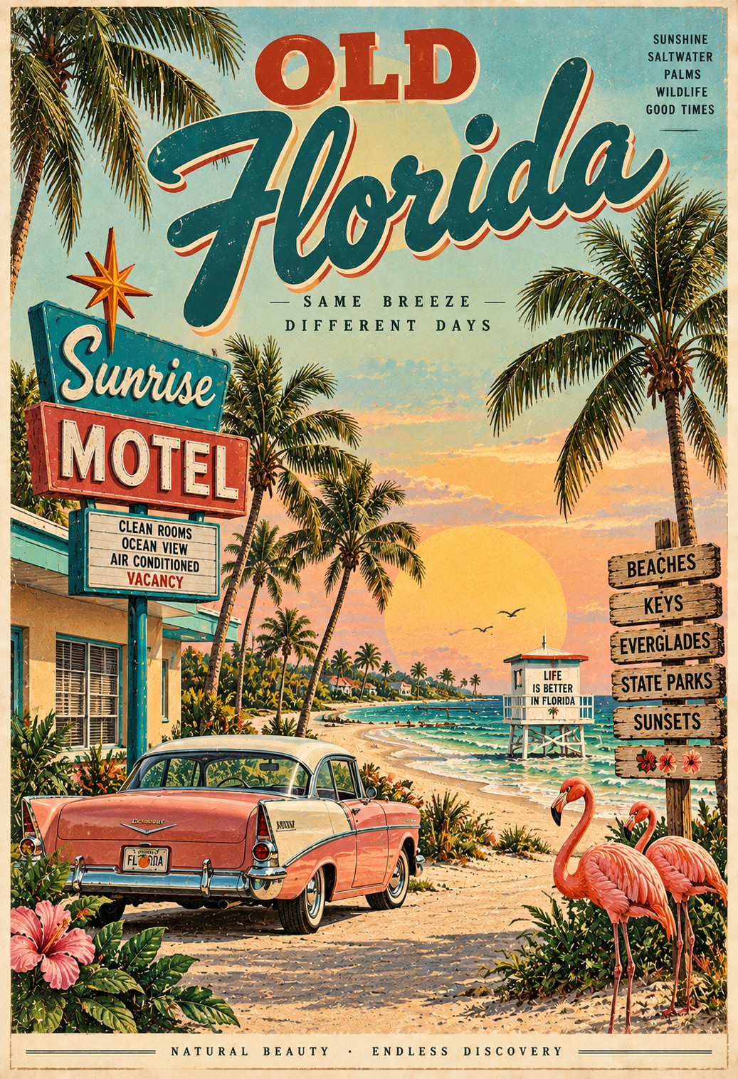 Old Florida Vintage Travel Poster Retro Beach Motel Flamingo Wall Art 13x19