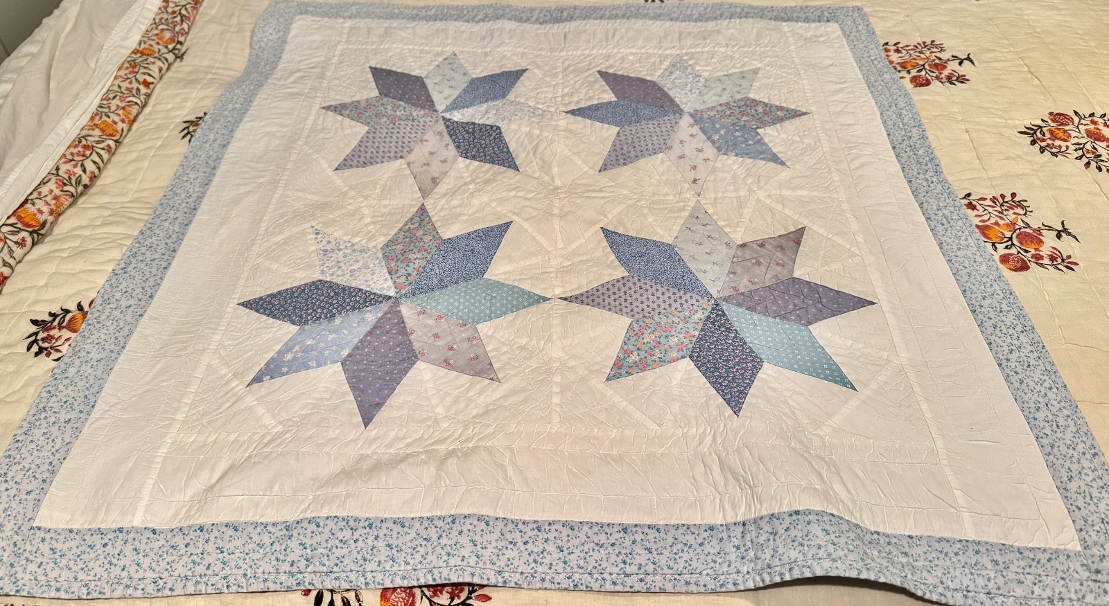 Vintage Blue Baby Quilt With Stars  B55