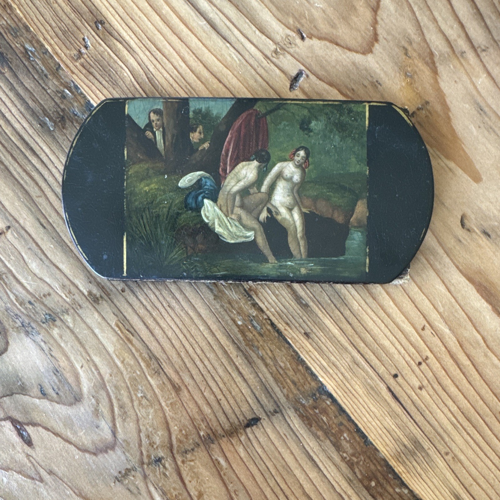 Antique 1840s Papier Mache Cigar Case Segars Painted Bathing Scene JPH Label