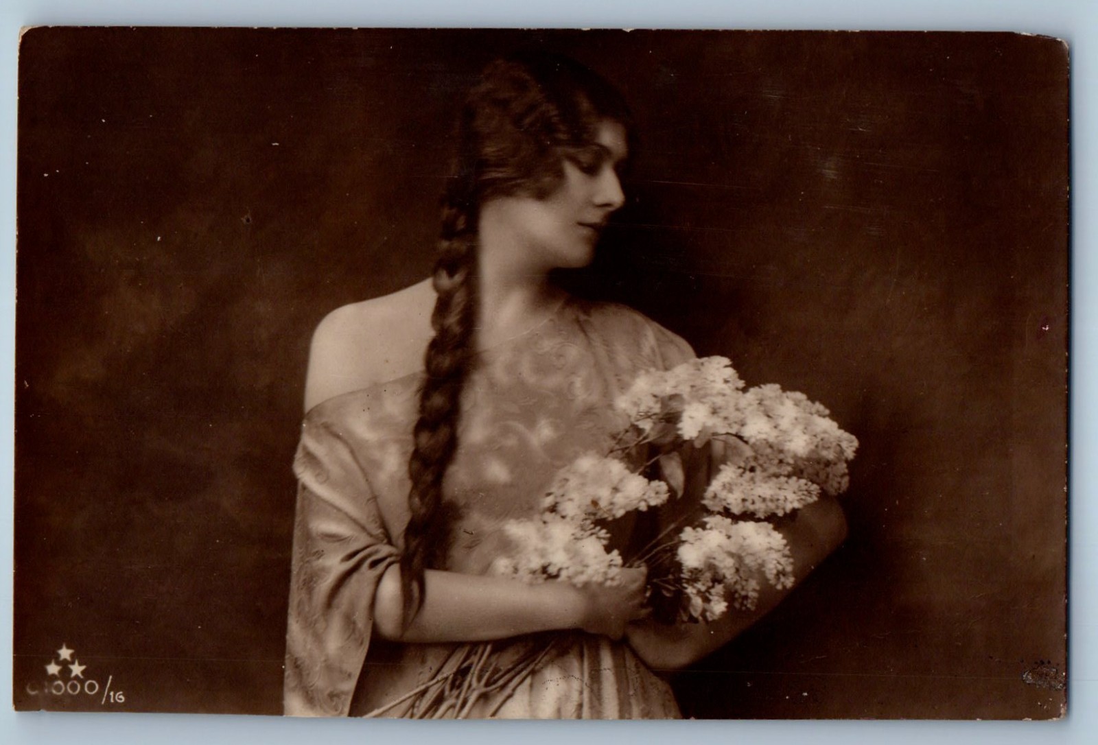 c1910's Victorian Woman Braided Long Hair Flowers RPPC Photo Antique Postcard