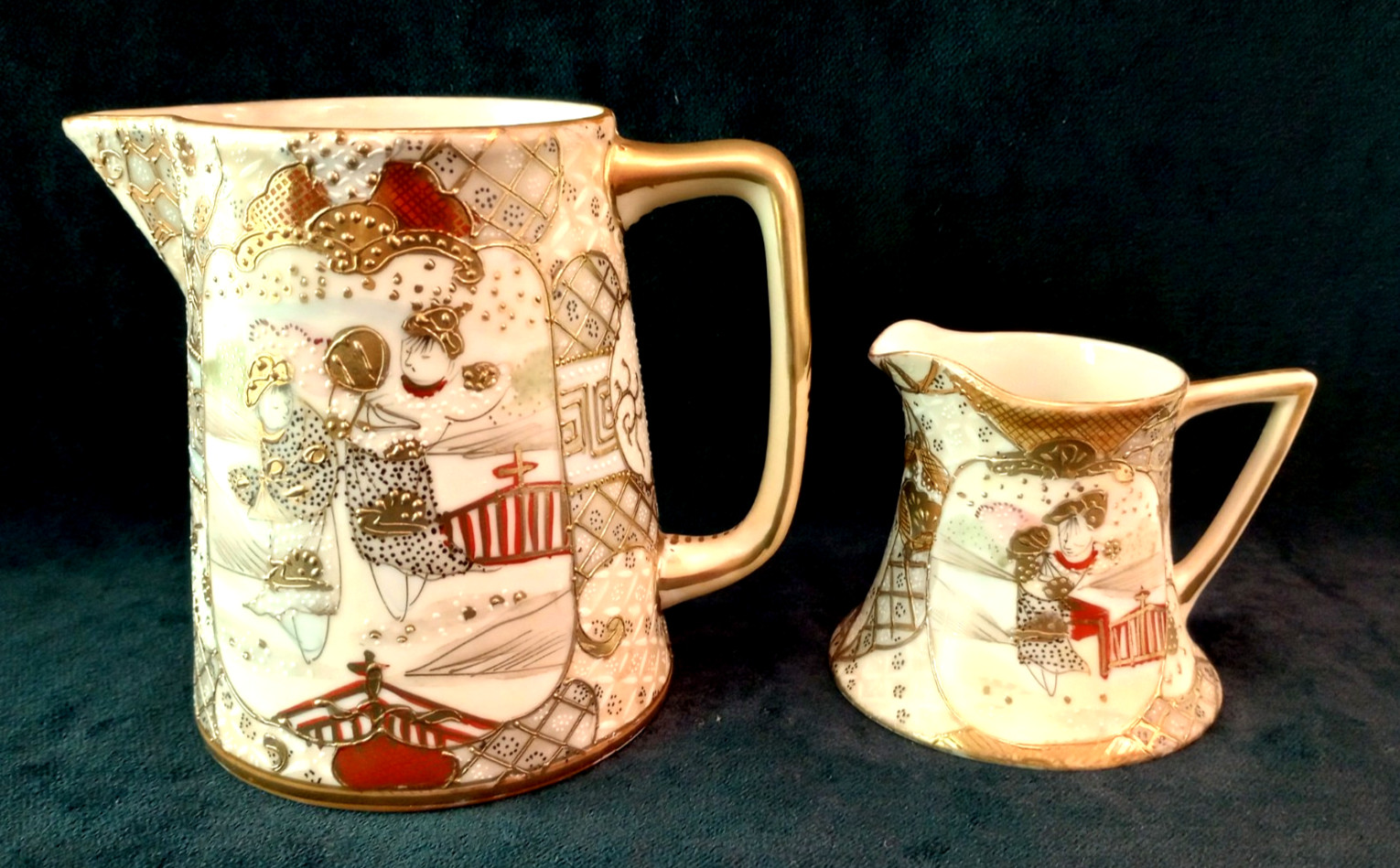 Set of 2 Satsuma Moriage Pitchers Nippon Hand Painted Figurative w/Gold Details