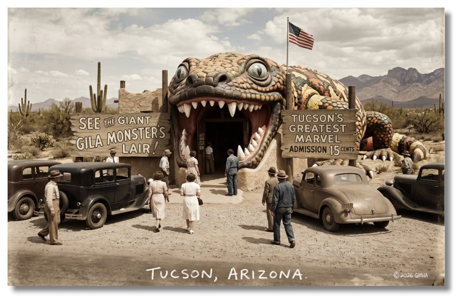 Vintage‑STYLE NEW ART 1930\'s RPPC-GIANT GILA MONSTERS-TUCSON ARIZONA-FAUX