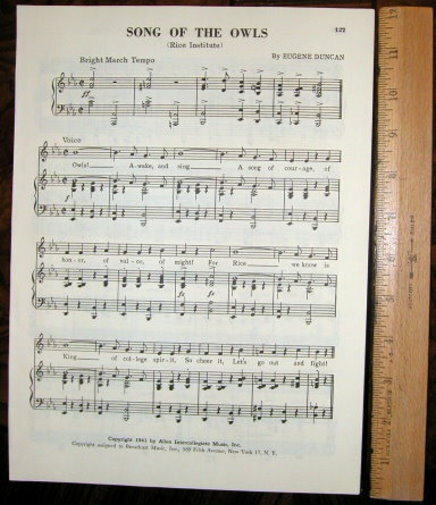 RICE UNIVERSITY Vintage Song Sheet c 1953 \