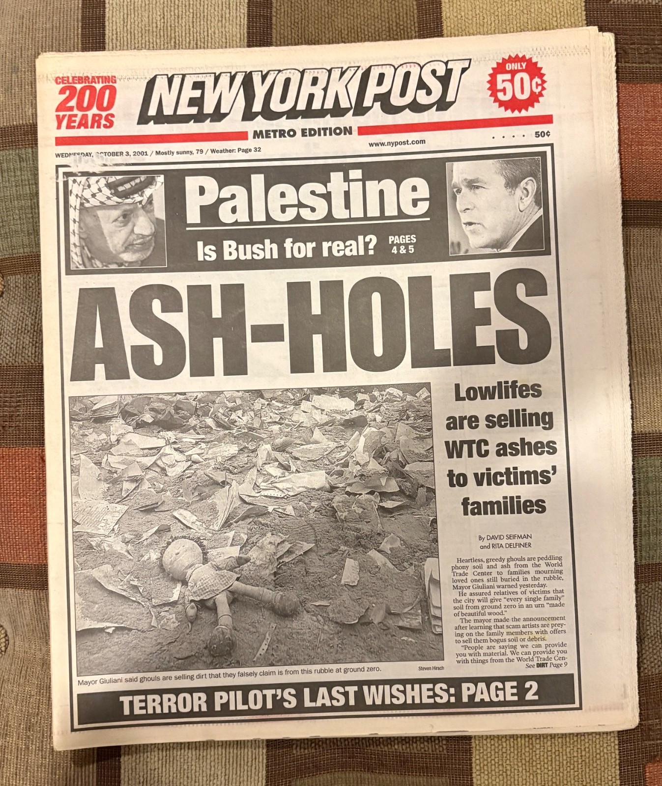 9/11 NEW YORK POST OCTOBER 3, 2001 ASH-HOLES