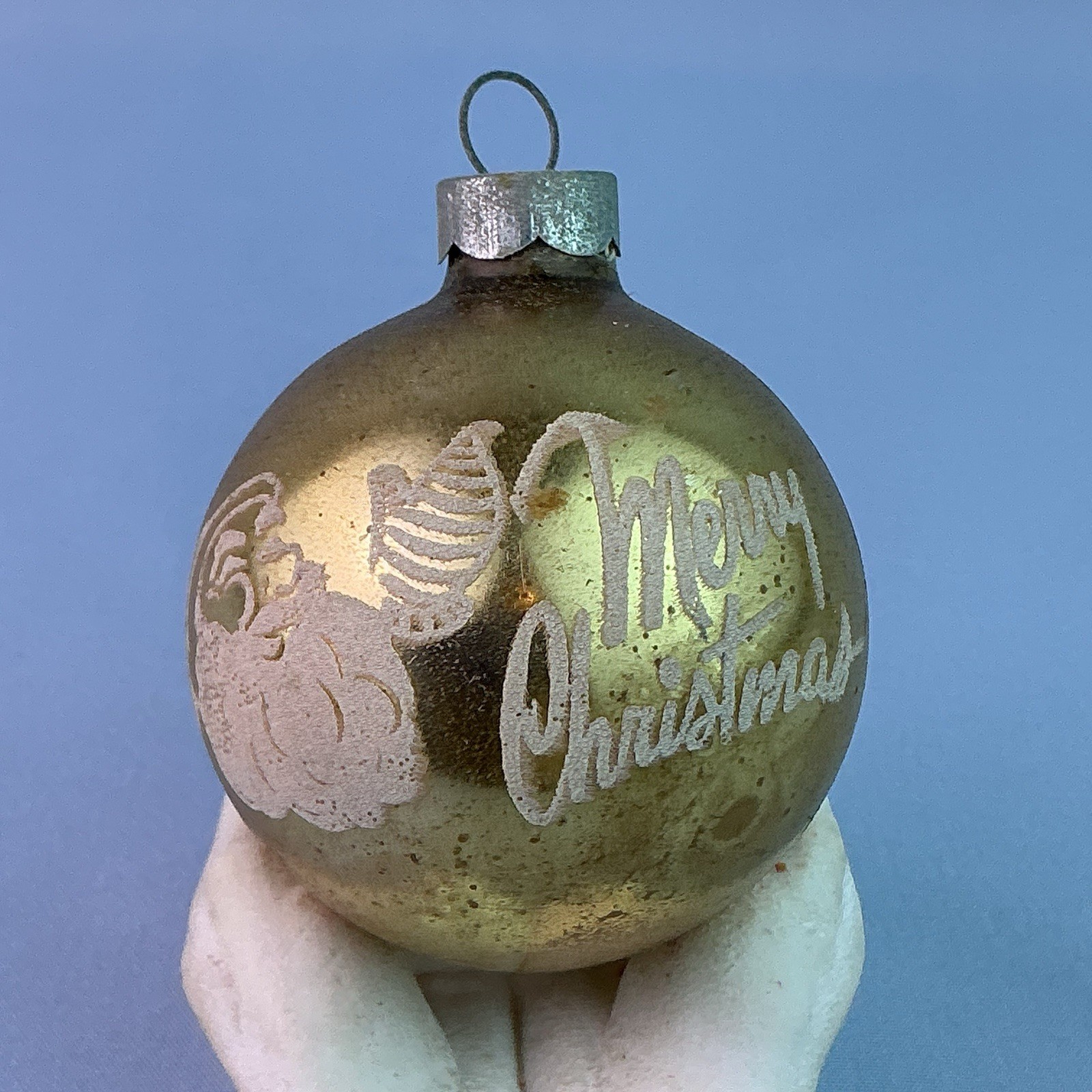 Shiny Brite Stenciled Santa Face & Merry Christmas Mercury Glass Ornament*2.25”H