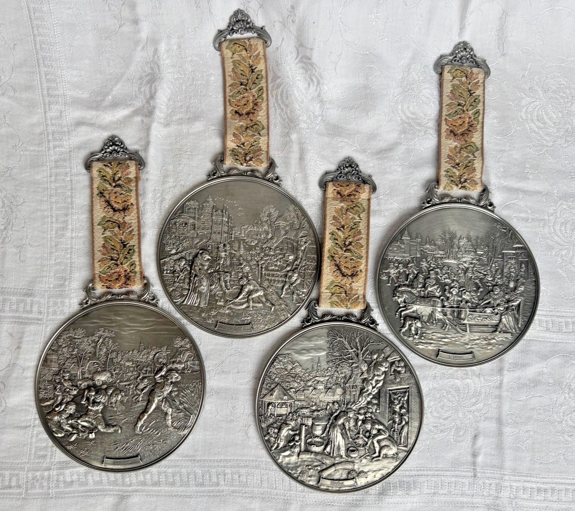 RARE Vintage WMF Zinn Pewter Tapestry Wall Hanging Set - 4 Seasons