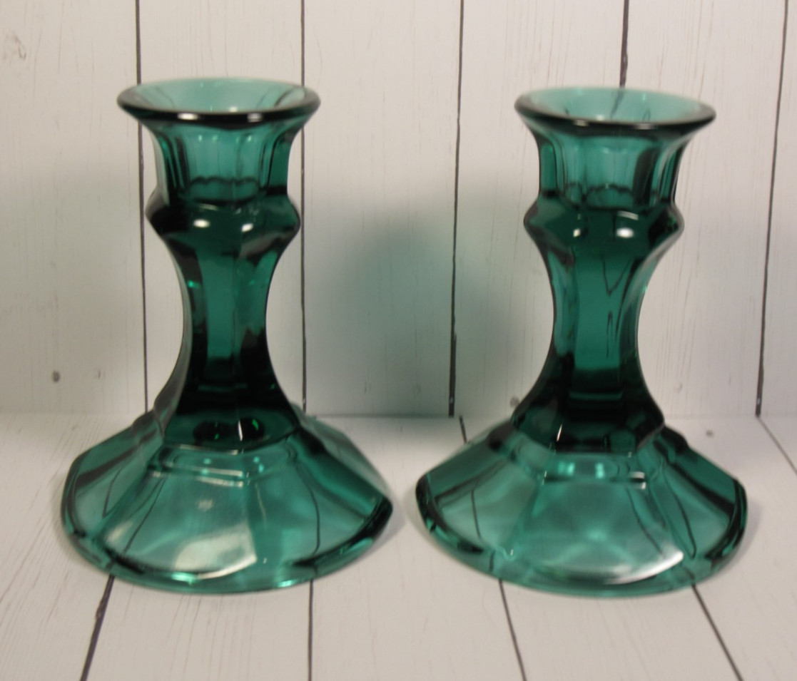 Dark Teal Green Glass Candlesticks 2 qty Vintage 4 Dark Teal Green Glass Candlesticks 2 qty Vintage 4