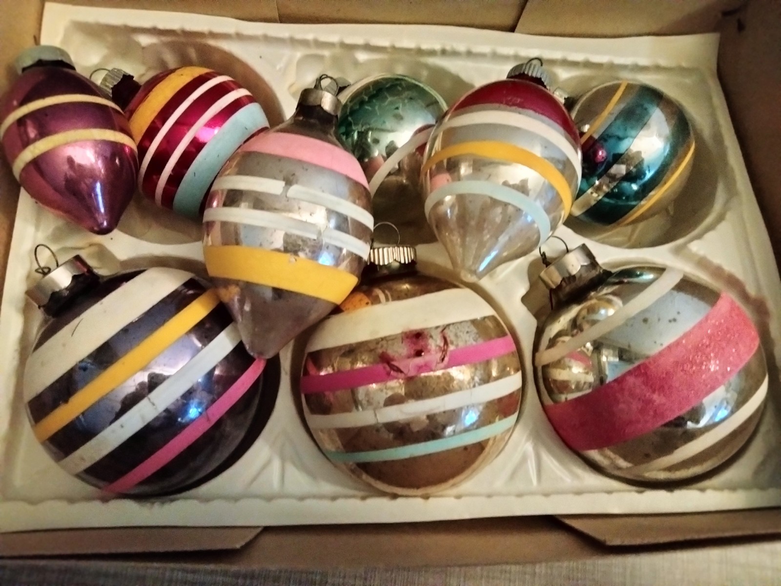 Lot of 9 Shiny Brite Mercury Glass Christmas Ornaments~ Striped Round & Teardrop Lot of 9 Shiny Brite Mercury Glass Christmas Ornaments~ Striped Round & Teardrop