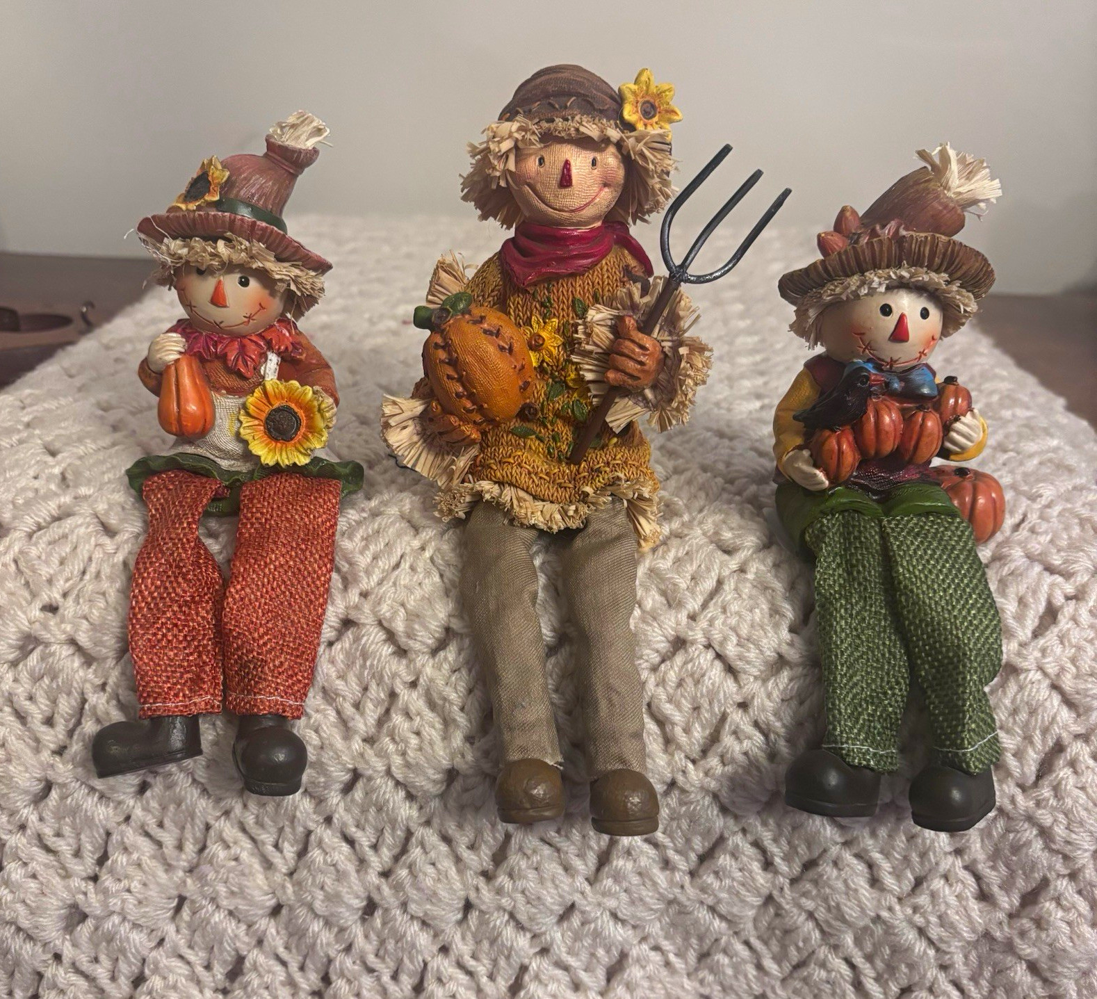 Fall Harvest Scarecrow Shelf Sitter Figurines Set of 3 Pumpkins Sunflowers