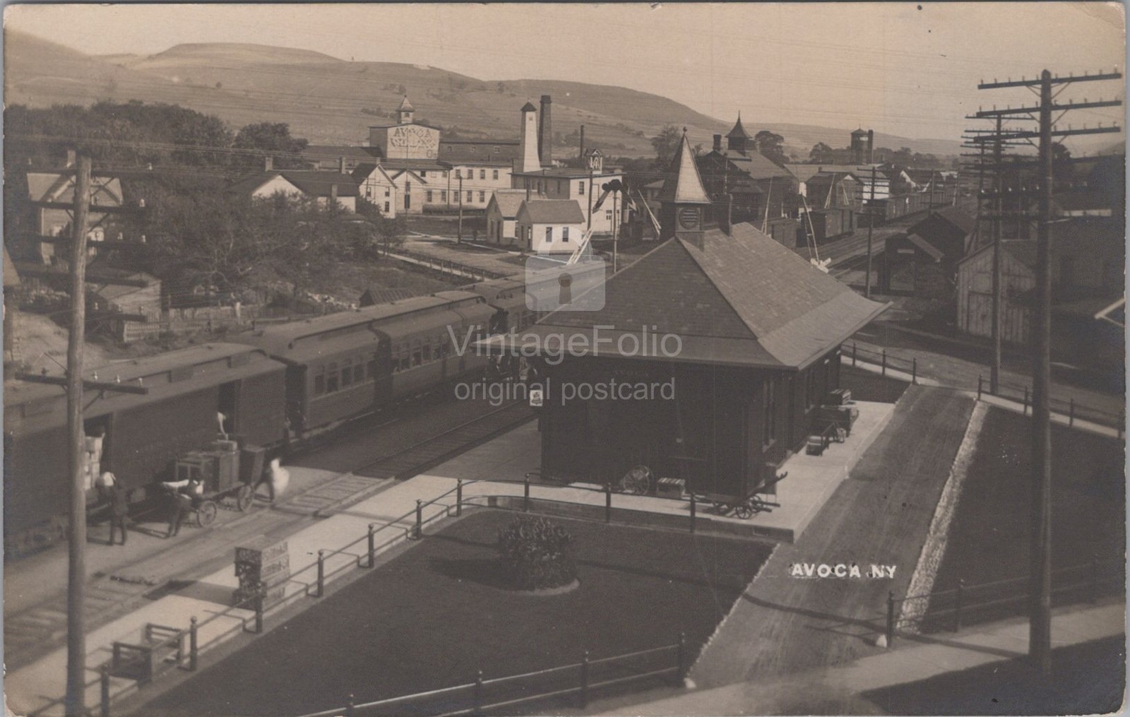 Railroad Depot Station Train Avoca New York NY Roller Mills RPPC 1910 Postcard