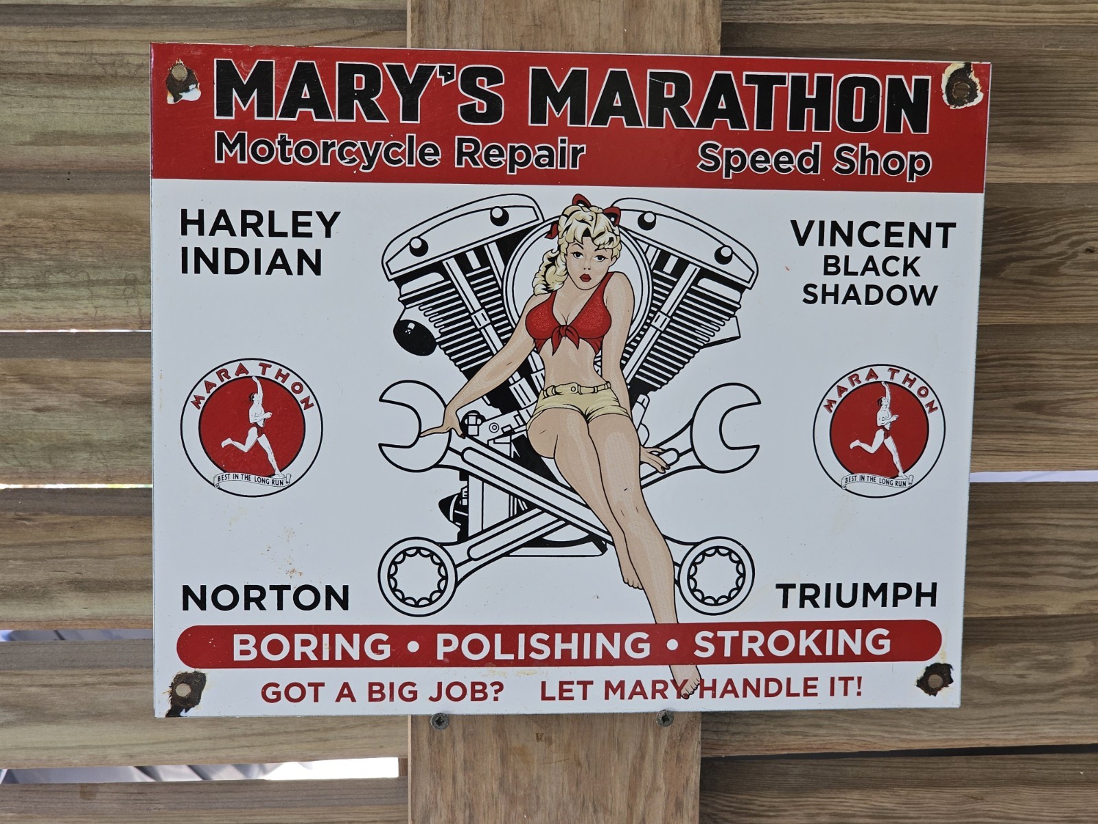 LARGE VINTAGE MARY'S MARATHON PORCELAIN GAS STATION PUMP SIGN  