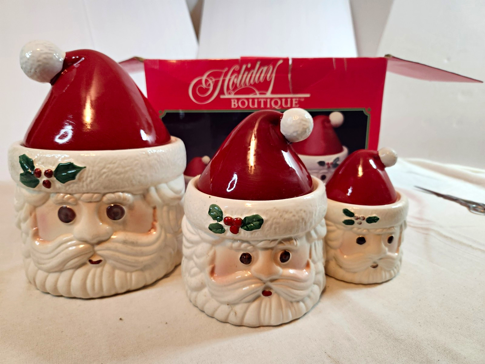 Vintage 1988 Holiday Boutique Ceramic 3pc Santa Canister Set w/ Lids Brazil
