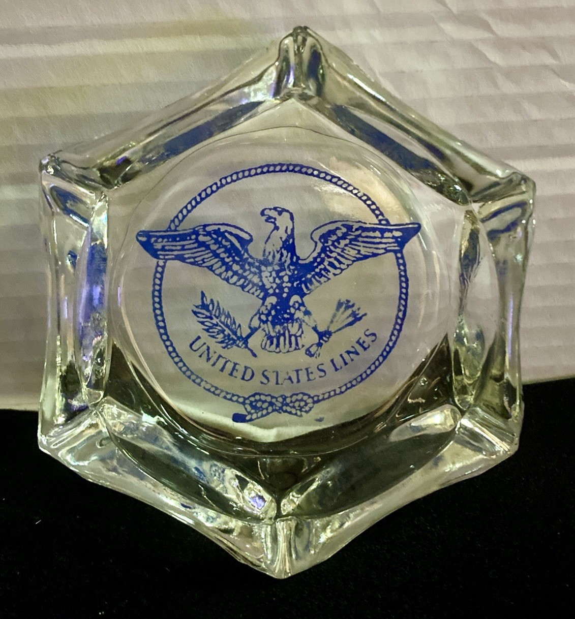 Vintage United States Lines Glass Hexagon Ashtray Blue Eagle Logo Preowned As Is