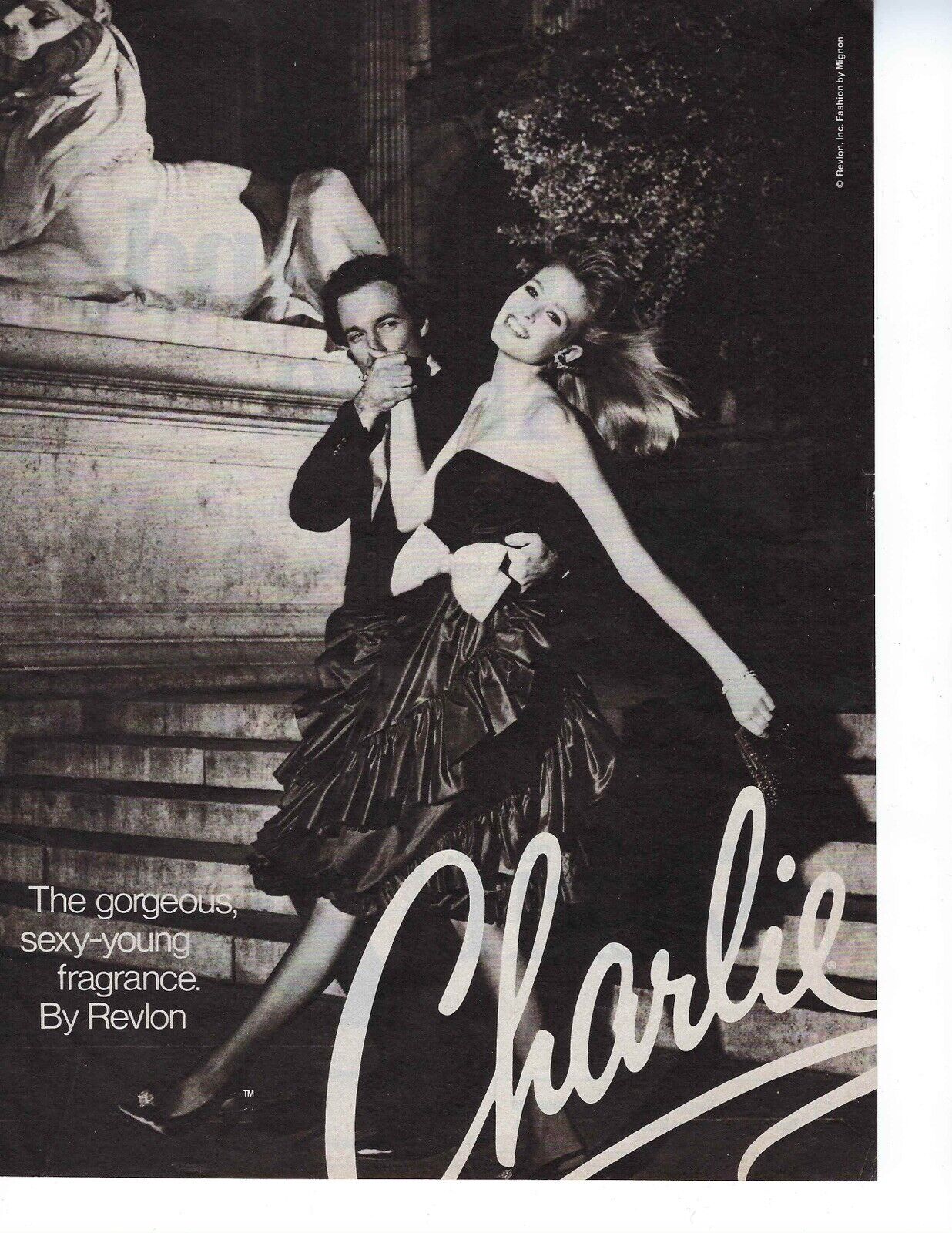 1983 Revlon Charlie Couple Kissing Hand Poofy Dress Vintage Fashion Print Ad