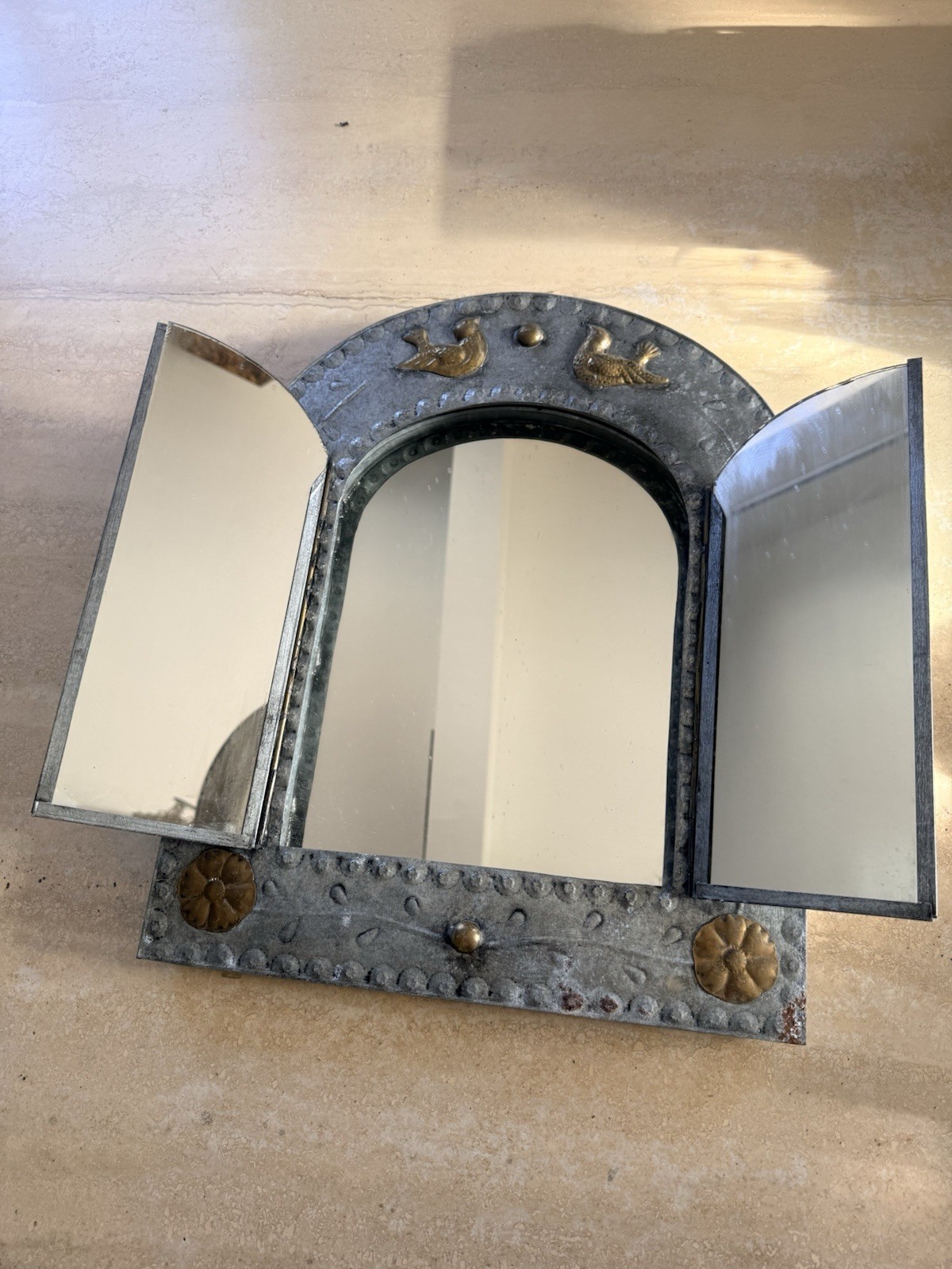Vintage Mexican Hojalata Punched Tin Triptych Mirror With Brass Doves Vintage Mexican Hojalata Punched Tin Triptych Mirror With Brass Doves