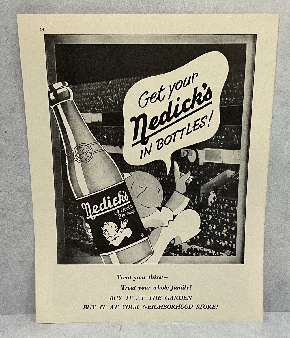 Vintage 1951 Nedick’s Soda Bottle Print Ad Madison Square Garden NYC Mascot