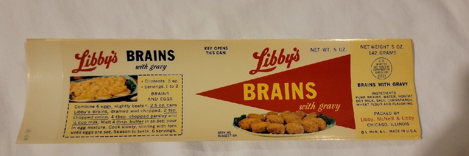 Vintage Libby\'s Brains with gravy Can Label Original-NOS -RARE- Chicago, Il USA