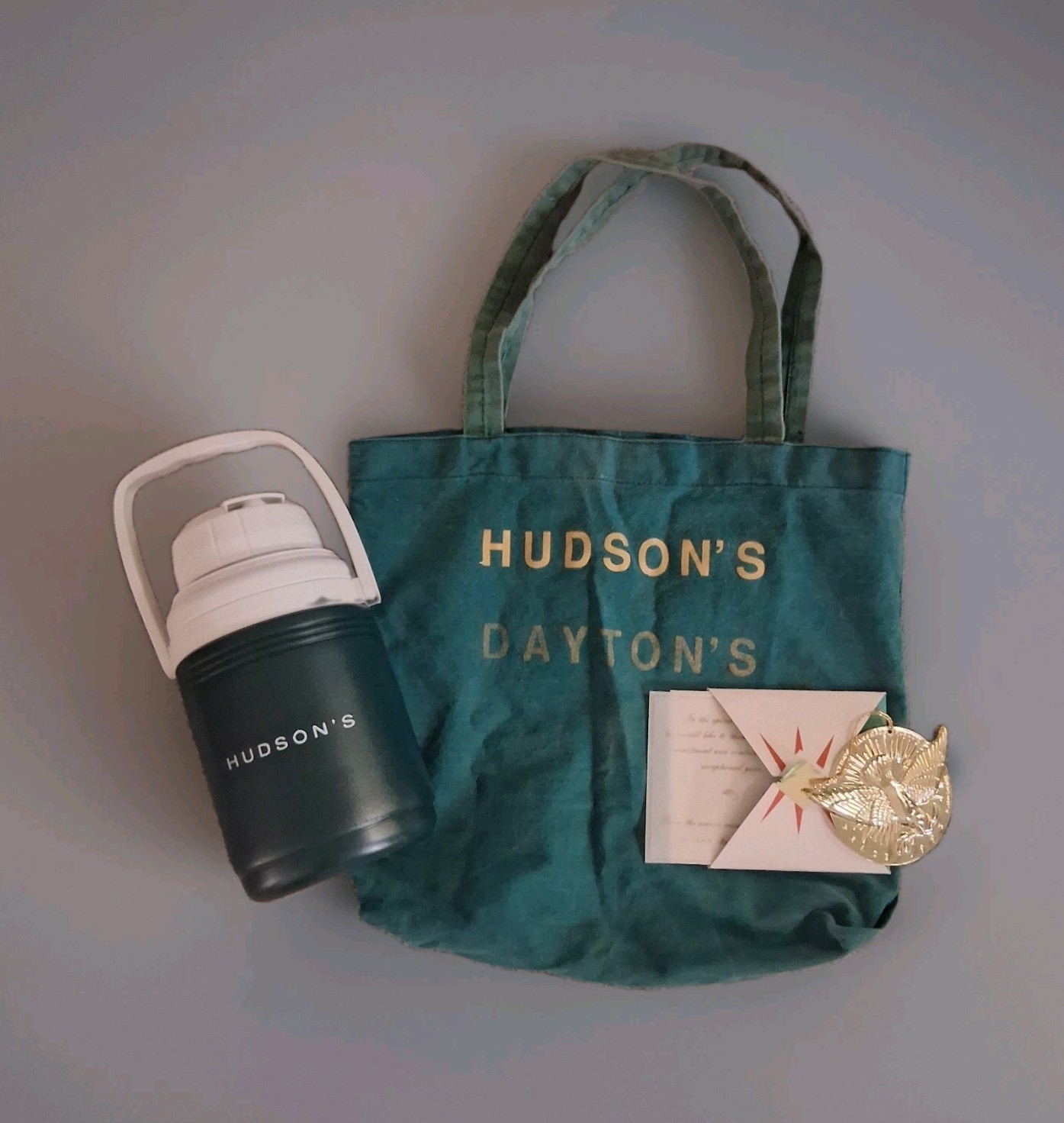 VTG Hudson\'s Dept Store Employee Lot - 91 Peace Ornament, Canvas Tote & Thermos