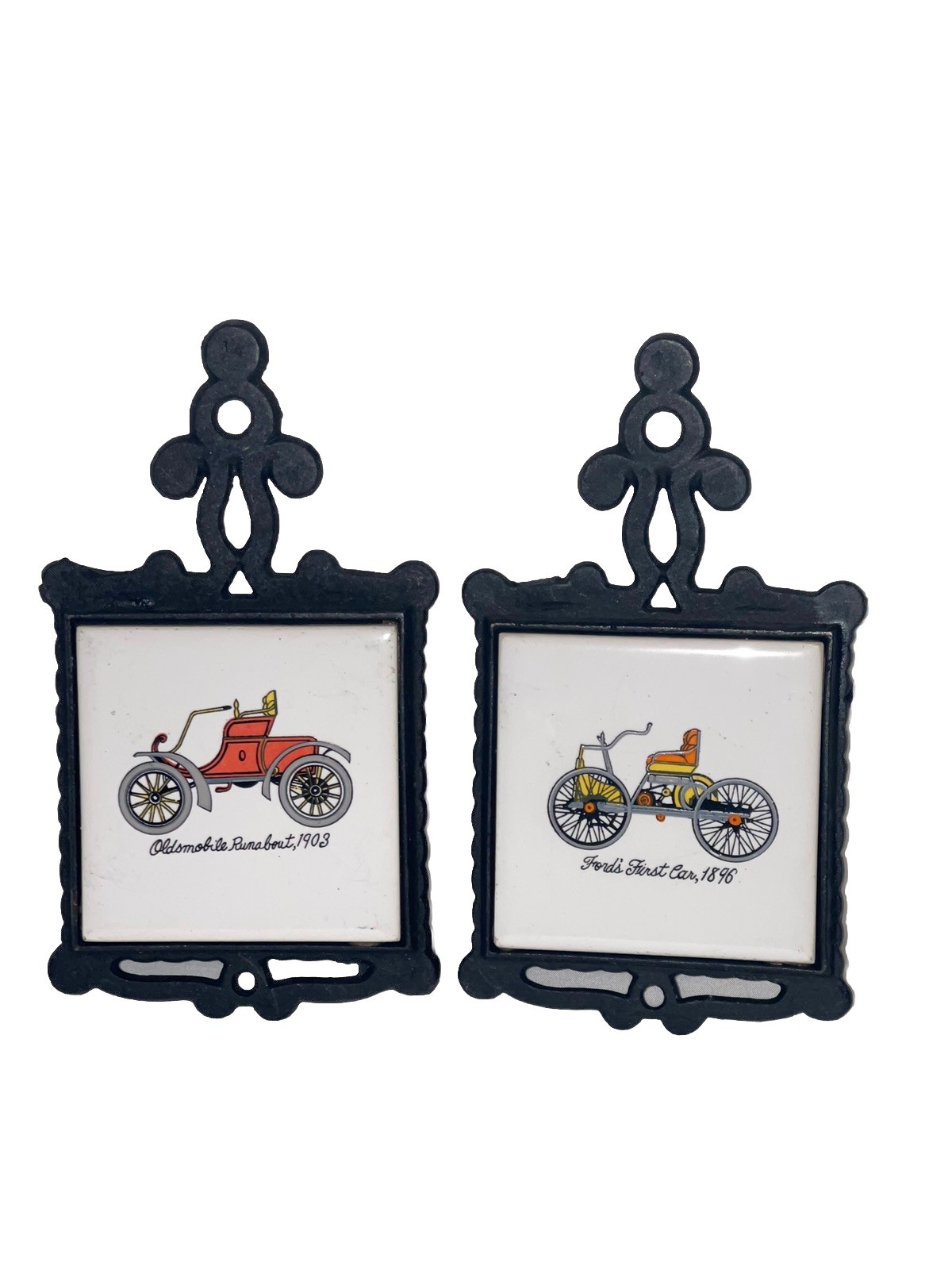 2 Vintage Taiwan Cast-Iron And Tile Trivet Trivets Antique Cars #1 2 Vintage Taiwan Cast-Iron And Tile Trivet Trivets Antique Cars #1