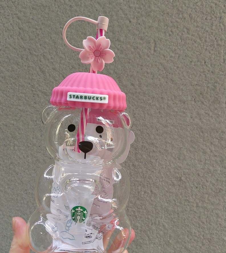 Starbucks Bearista Dark Pink Bear Glass Tumbler Cold Cup W/ Cherry Blossom Plug Starbucks Bearista Dark Pink Bear Glass Tumbler Cold Cup W/ Cherry Blossom Plug