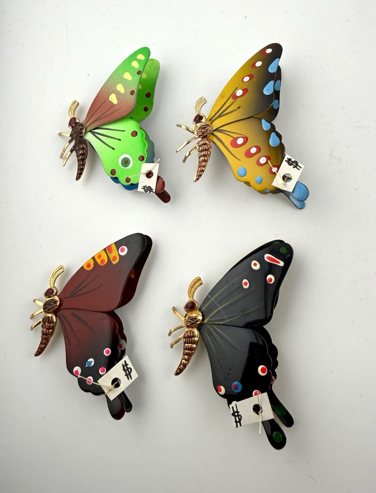 4 Vintage hand-painted enamel butterfly magnets 
