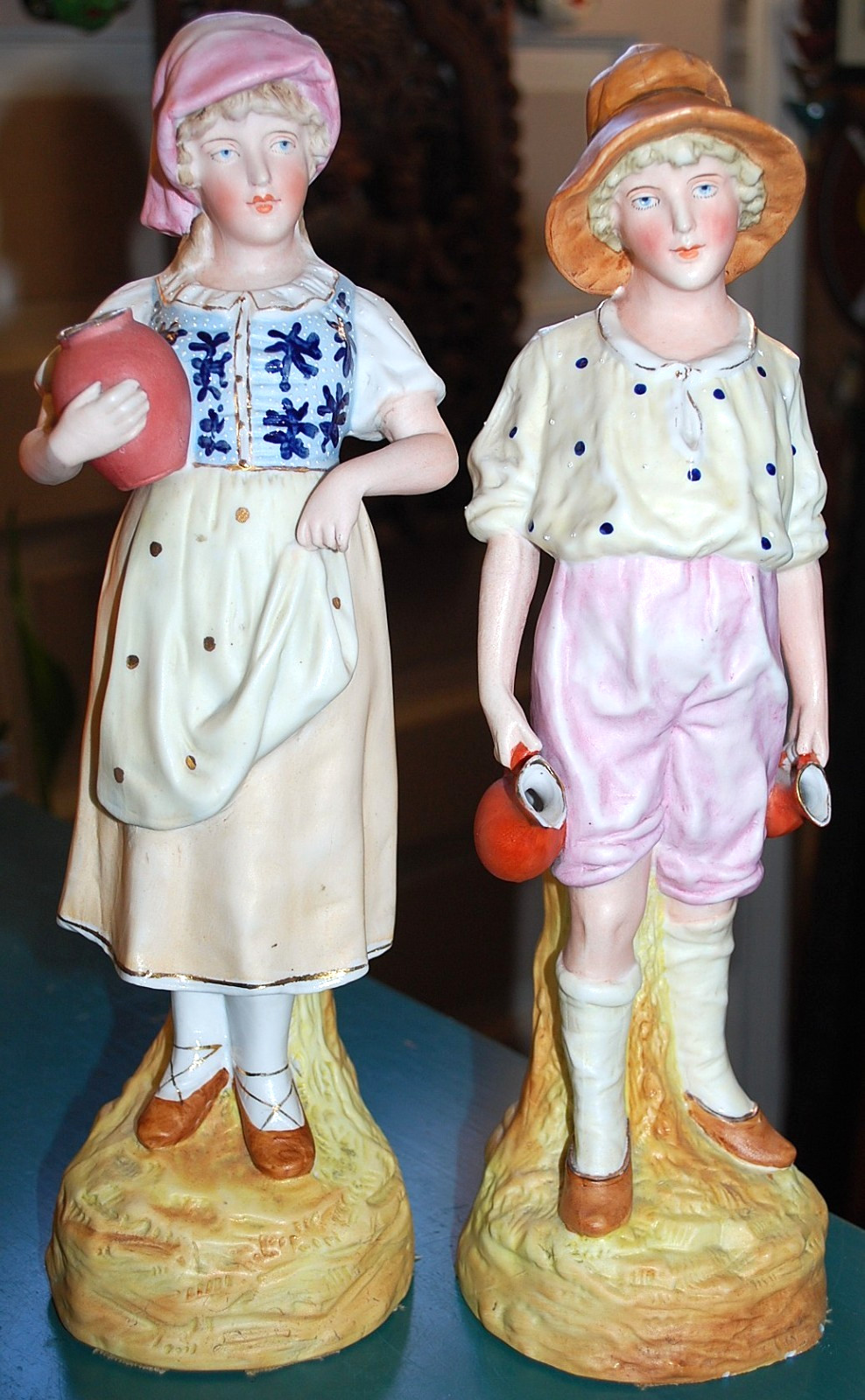 SET 2 Antique GEBRUDER HEUBACH Porcelain Figurines BOY & GIRL W MILK JUGS c1900