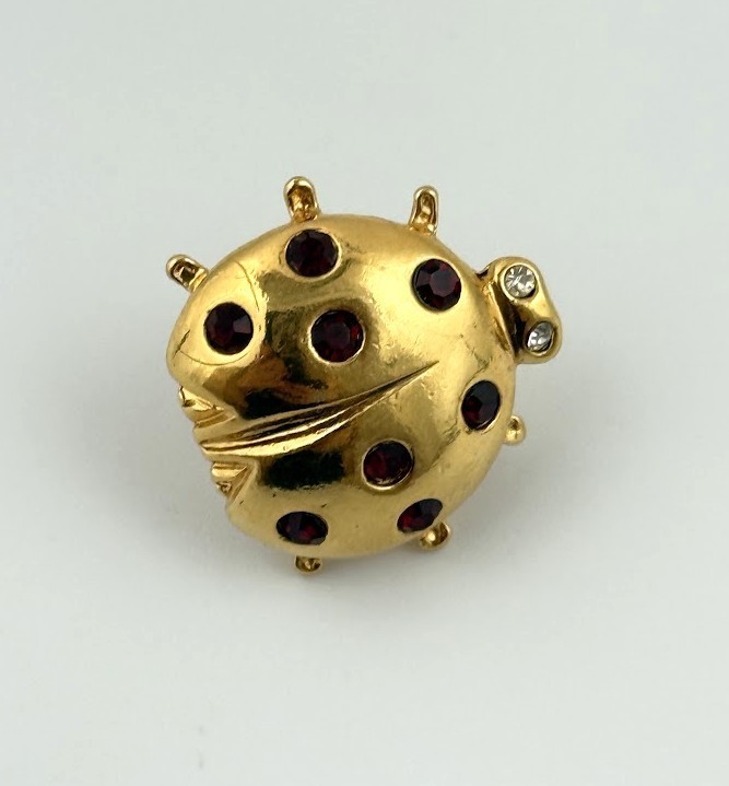 Vtg Avon Lady Bug Pin Brooch Gold Tone Red Clear Rhinestones Dainty